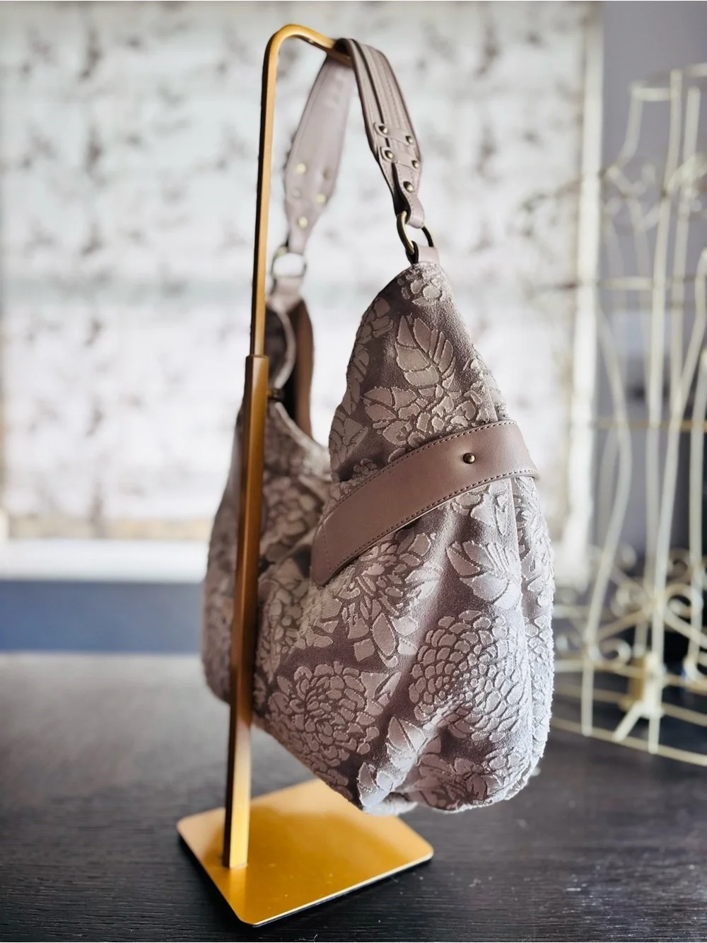 Donald J Pliner Floral Jacquard Hobo Shoulder Bag Taupe Leather Boho